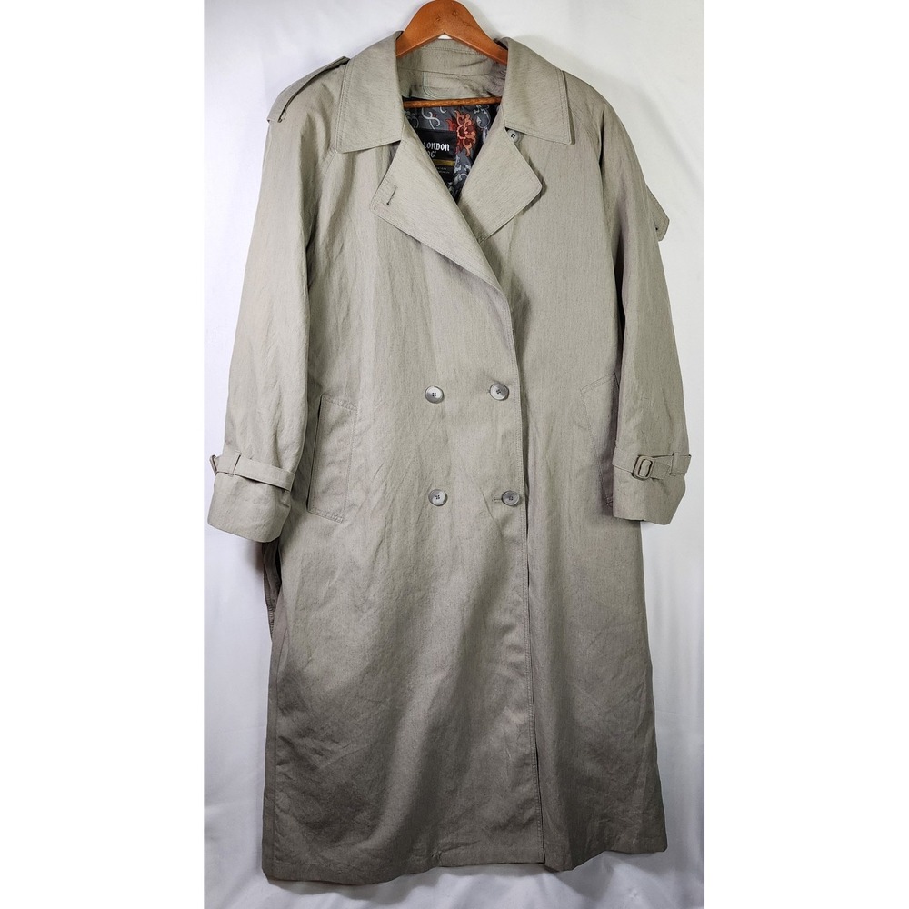Vintage London Fog Trench Coat 14 Regular Tan Long Raincoat USA Floral Wamsutta